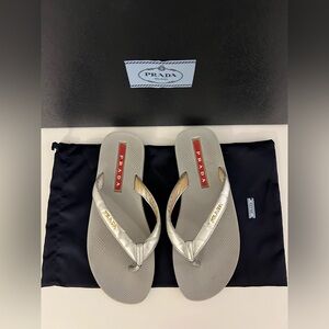 Prada Women’s Leather in Metallic Silver Flip Flops, Size 6
